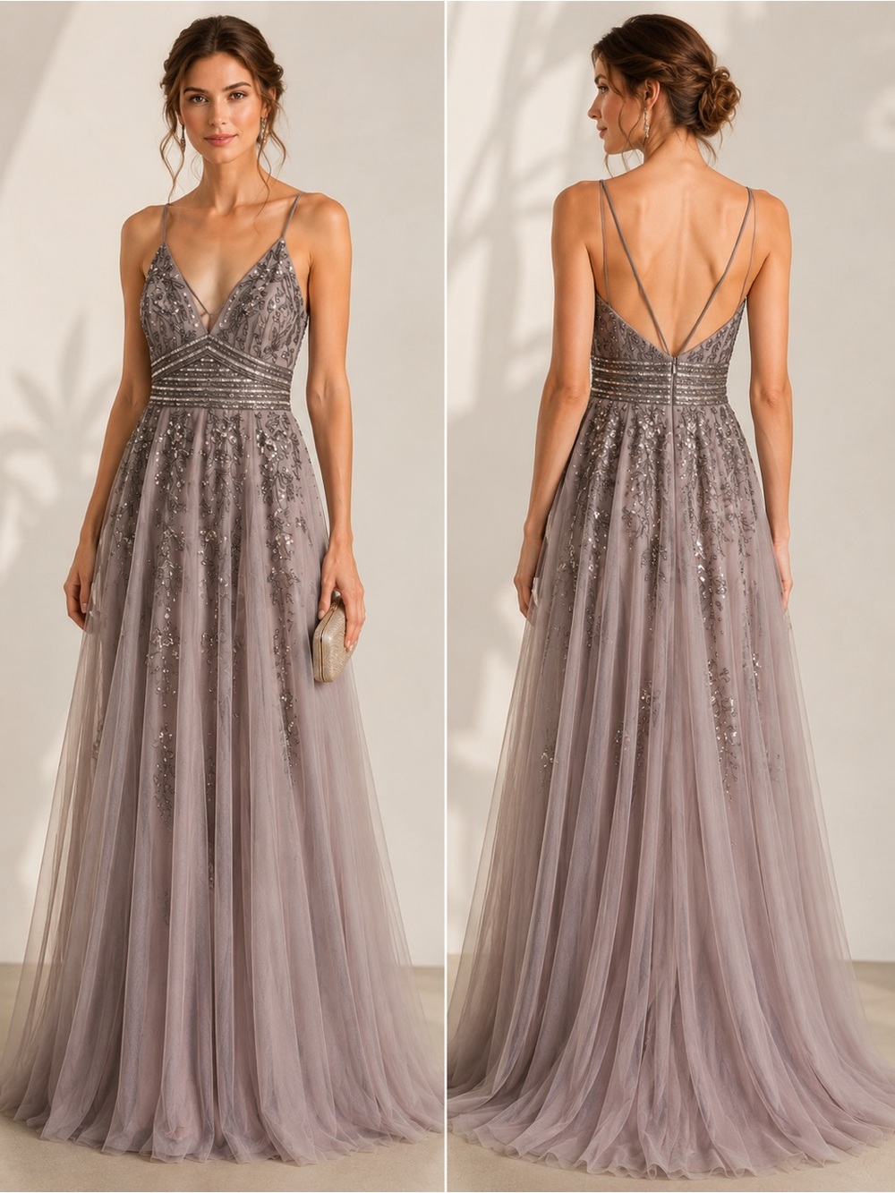 ASOS DESIGN Embellished Maxi Dress Taupe Champagne Sequin Beaded Formal Gown 8